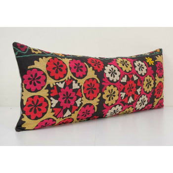 16" x 40" Vintage Ethnic Suzani Lumbar Pillow, Tribal Turkish Cushion