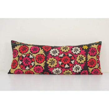 16" x 40" Vintage Ethnic Suzani Lumbar Pillow, Tribal Turkish Cushion