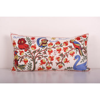 Animal Motif Suzani Bedding Pillow, Vintage Embroidered Textile from Bukhara, Extra Long Eagle and Duck Motif Suzani Cushion 18'' x 35''