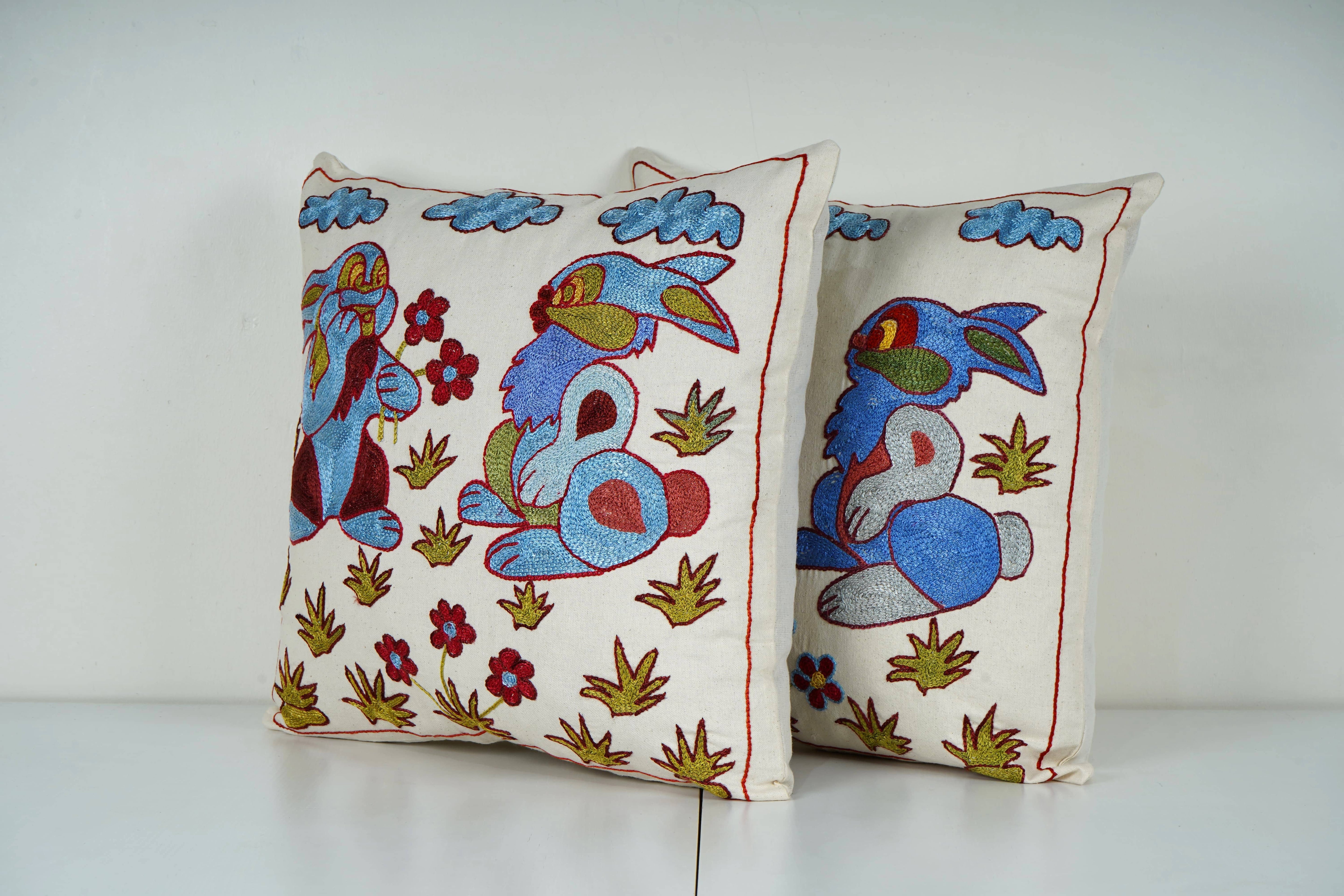Rabbit Suzani Pillow Cover | 18'' x 18''