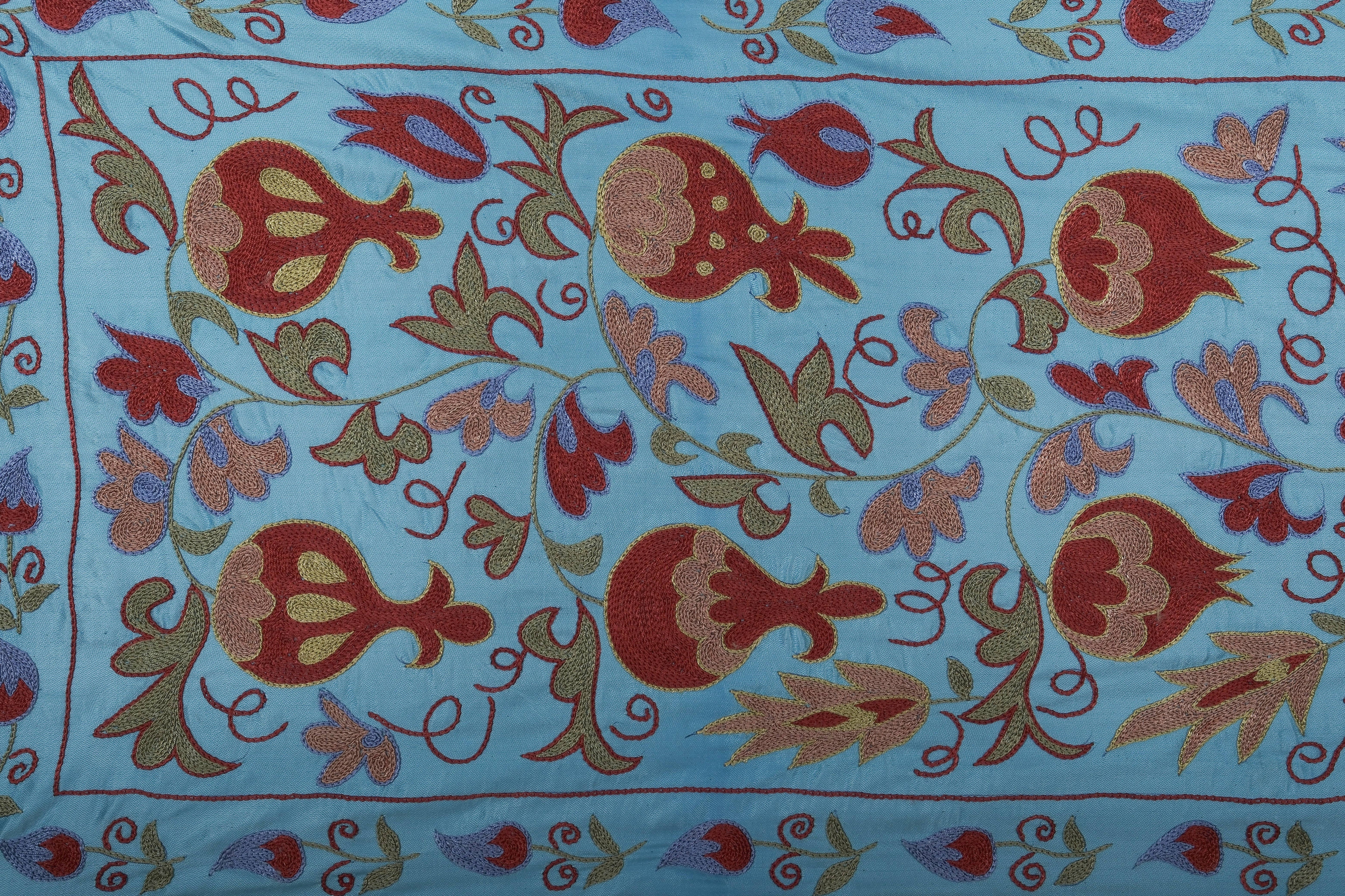 Hand-Embroidered Silk Suzani Wall Hanging & Bedspread 1'9'' x 6'3''