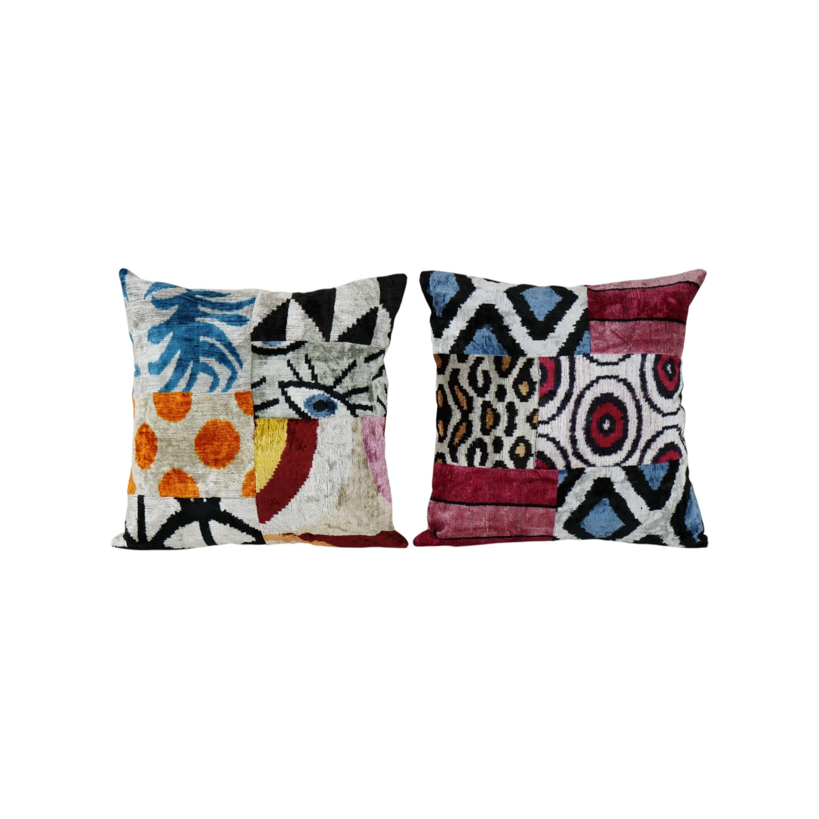 Silk Ikat Patchwork Velvet Pillow Cover Set of 2 | 19'' x 19''