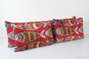 Fish Silk Ikat Velvet Pillow Cover Set of 3 | 16'' x 48''