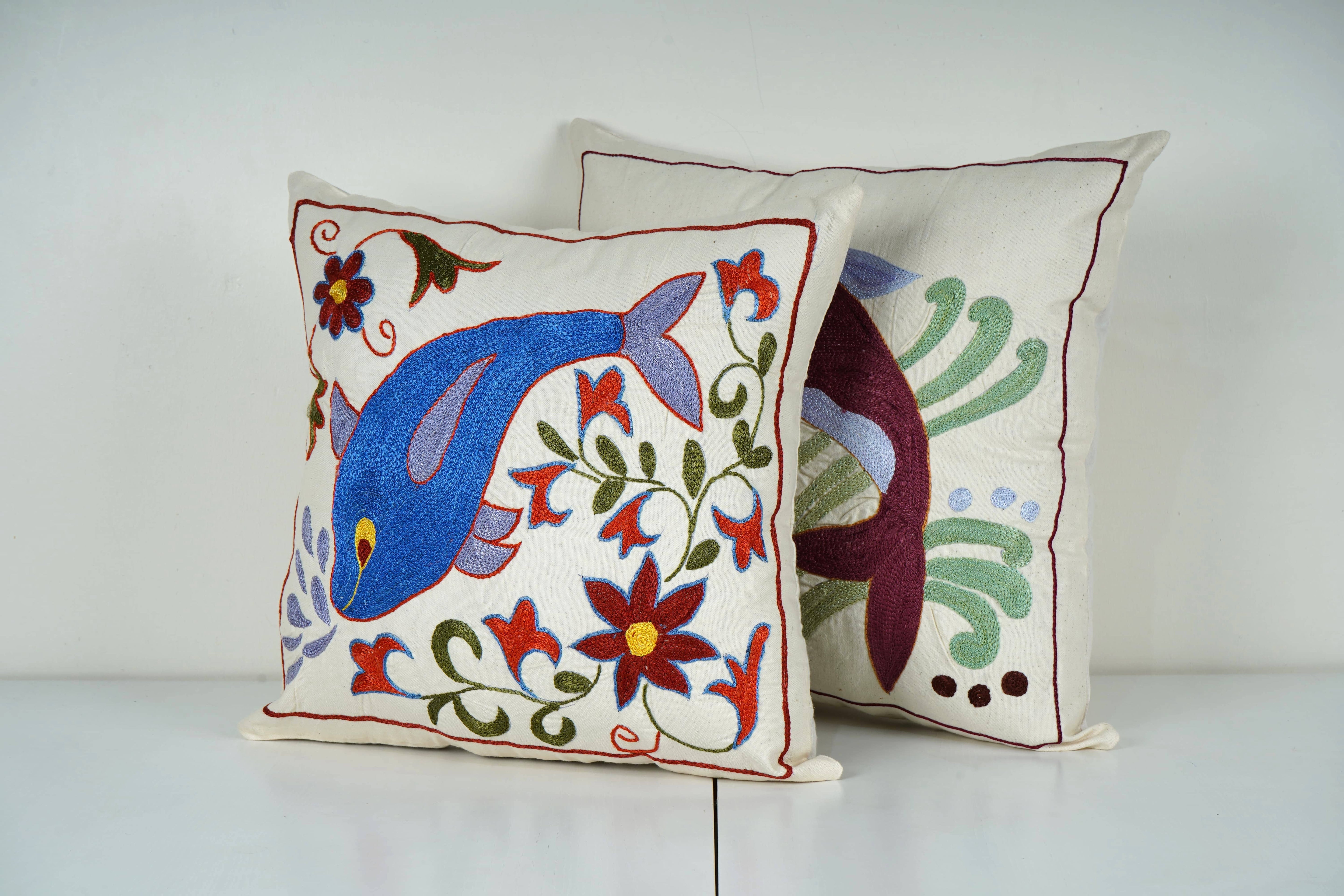 Fish Suzani Pillow Cover Set of 2 | 17'' x 17''