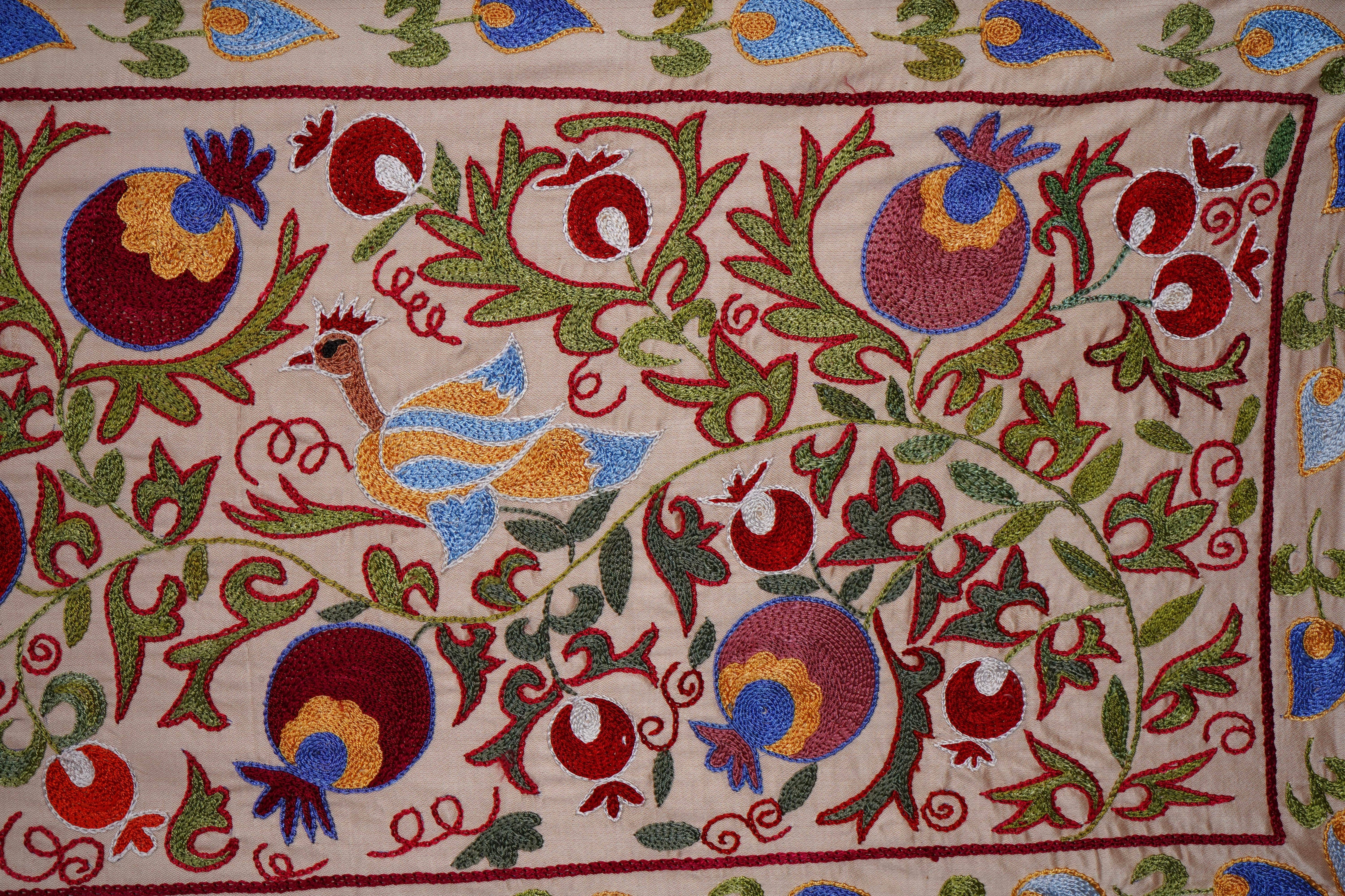 Bird Silk Suzani Wall Hanging & Bedspread | 1'8'' x 6'3''
