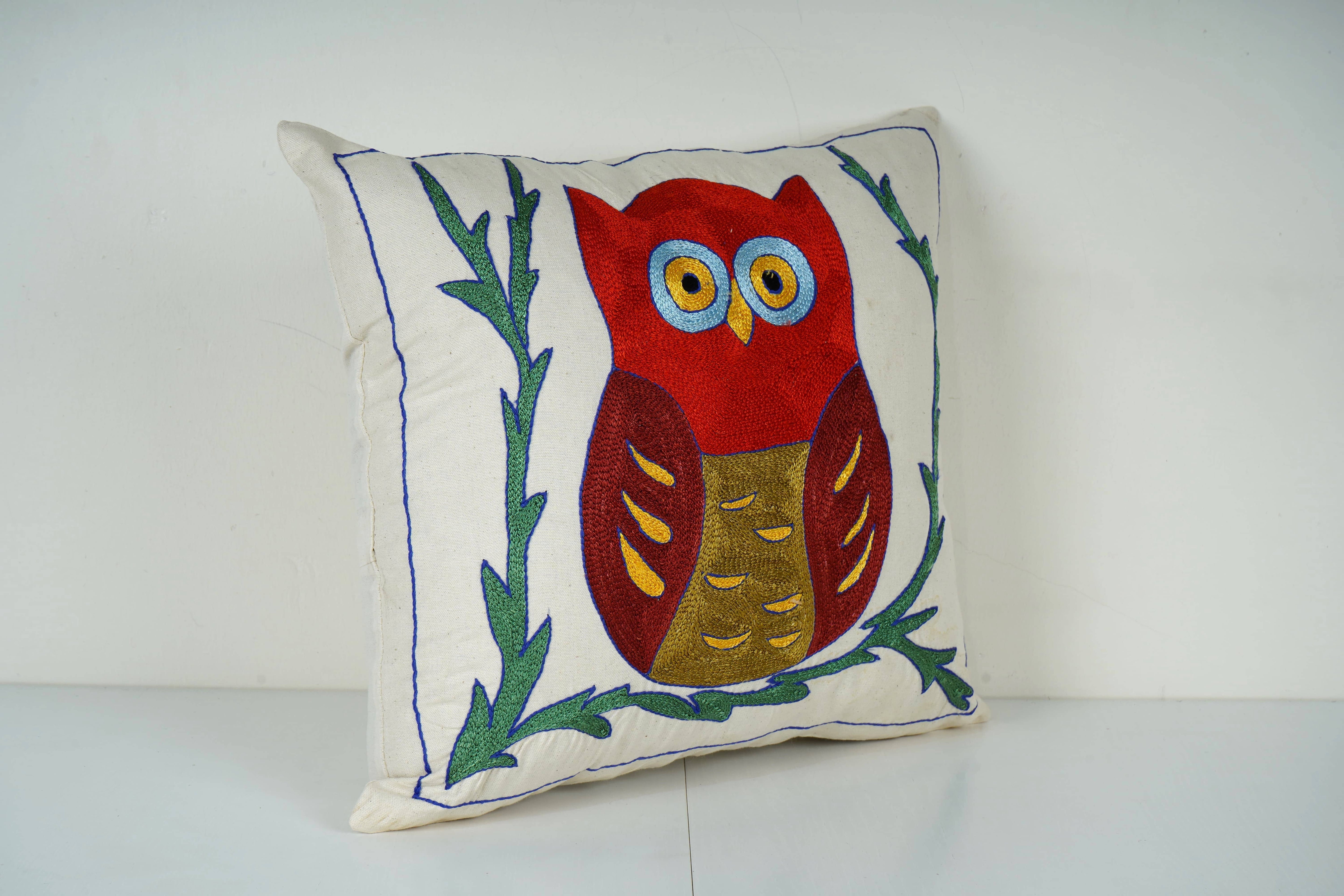 Owl Suzani Pillow Cover | 17'' x 18''