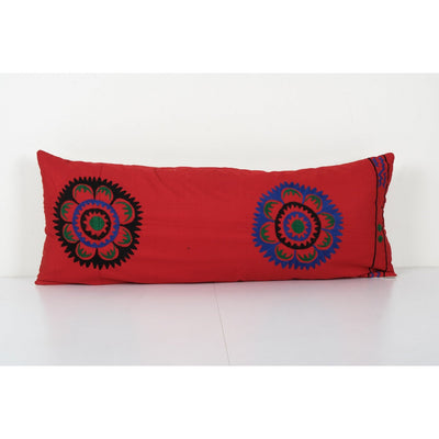 Red Turkish Suzani Cushion Cover, Bedding Suzani Pillow Case Made from a 19th Century Suzani, Uzbekistan, Tribal Cushion Cover 14'' x 32''