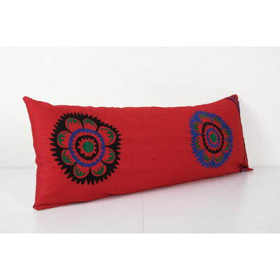 Red Turkish Suzani Cushion Cover, Bedding Suzani Pillow Case Made from a 19th Century Suzani, Uzbekistan, Tribal Cushion Cover 14'' x 32''