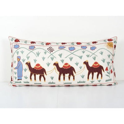 Tashkent Suzani Animal Bedding Pillow Case Made from a 19th Century Suzani - Lumbar Bird Cushion Cover - Hippie Long Pillow Case 18'' x 35''