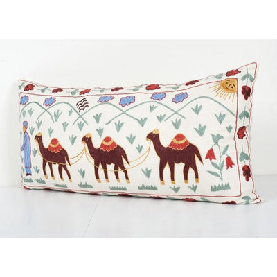 Tashkent Suzani Animal Bedding Pillow Case Made from a 19th Century Suzani - Lumbar Bird Cushion Cover - Hippie Long Pillow Case 18'' x 35''