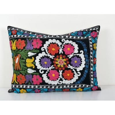 Suzani Velvet Lumbar Cushion Cover, Tribal House Decor- Embroidery Handmade Floral Cushion - Vintage Embroidered Uzbek Pillow 24'' x 30''