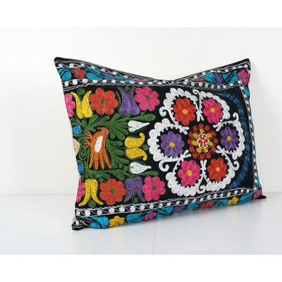 Suzani Velvet Lumbar Cushion Cover, Tribal House Decor- Embroidery Handmade Floral Cushion - Vintage Embroidered Uzbek Pillow 24'' x 30''