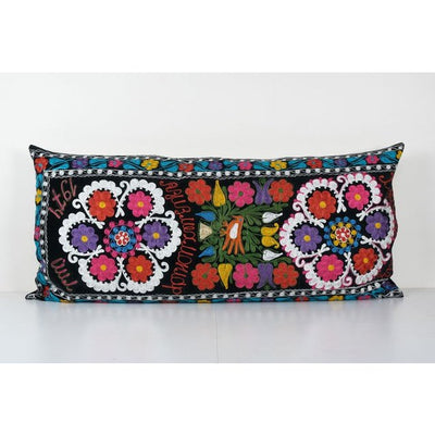 Vintage Black Velvet Dated Suzani Bedding Pillow Fashioned from a 20th Century Samarkand Suzani, Extra Long Floral Hippie Cushion 24''x 48''