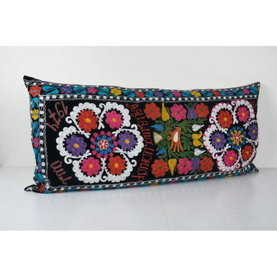 Vintage Black Velvet Dated Suzani Bedding Pillow Fashioned from a 20th Century Samarkand Suzani, Extra Long Floral Hippie Cushion 24''x 48''