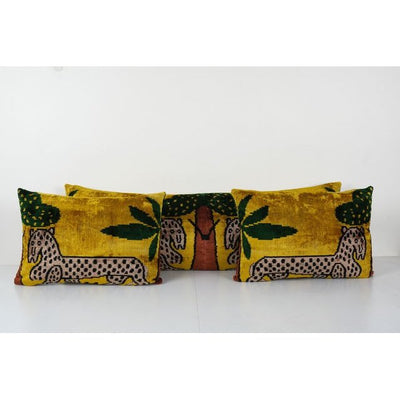 Tiger Design Ikat Velvet Pillow, Set of Three Gold Animal Handloom Floral Lumbar Pillows, Extra Long Ikat Velvet Cushion