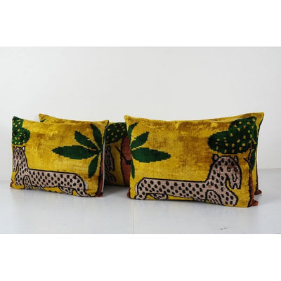 Tiger Design Ikat Velvet Pillow, Set of Three Gold Animal Handloom Floral Lumbar Pillows, Extra Long Ikat Velvet Cushion