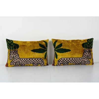 Animal Ikat Velvet Pillow, Set Pink Silk Lumbar Cushion Cover, Abstract Gold Pictorial Designer Pillow Case 16''' x 22''