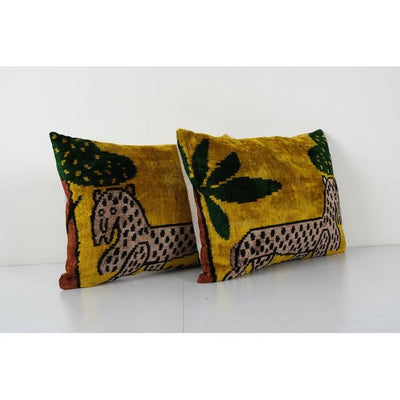 Animal Ikat Velvet Pillow, Set Pink Silk Lumbar Cushion Cover, Abstract Gold Pictorial Designer Pillow Case 16''' x 22''