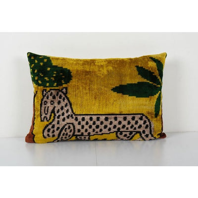 Tiger Design Gold Ikat Velvet Pillow, Animal Printed Floral Lumbar Pillows 16'' x 22''
