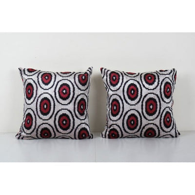 Square Silk Ikat Velvet Cushion Cover - Set of Two Red Polka Dot Velvet Pillow Cover - Pair Ethnic Designer Cushion 18'' x 18''