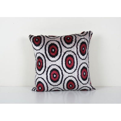 Red Polka Dot Ikat Velvet Pillow - Square Silk Velvet Cushion Cover - Simple and Plain Ikat Pillowcase 18'' x 18''
