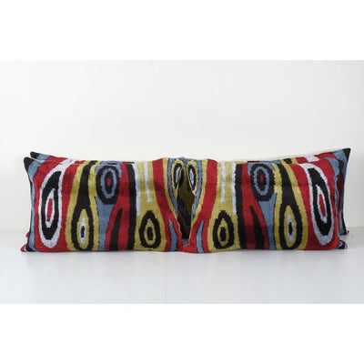 Ikat Colorful Pillow Cover - Set of Three Silk Velvet Lumbar Pillow Cover - Matching Ethnic Decorative pillow - Velvet IIkat Pillow