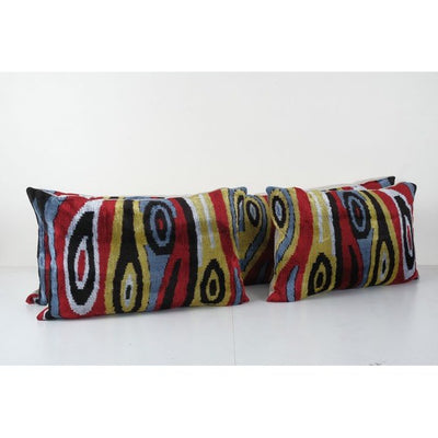 Ikat Colorful Pillow Cover - Set of Three Silk Velvet Lumbar Pillow Cover - Matching Ethnic Decorative pillow - Velvet IIkat Pillow