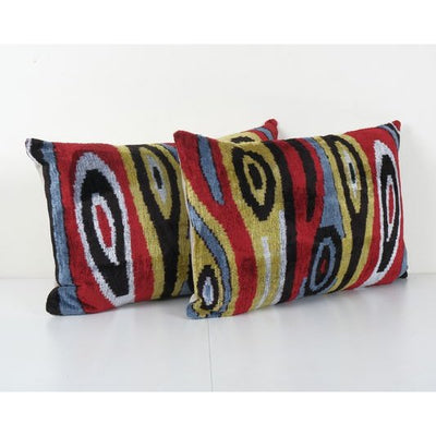 Silk Ikat Velvet Pillow, Set of Two Silk Ikat Lumbar Cushion Cover, Extraordinary Design Velvet Cushion 16'' x 24''