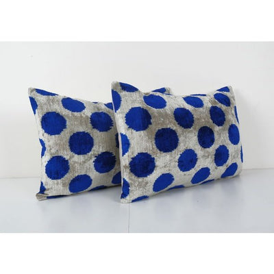 Silk Ikat Velvet Pillowcase, Set of Two Blue Lumbar Cushion, Ethnic Throw Pillow, Pair Ikat Lumbar Pillow 16'' x 24''