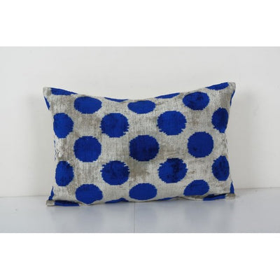Blue Silk Ikat Velvet Pillow Cover, Handloom Polka Dot Ikat Lumbar Cushion Cover, Decorative Pillowcase 16'' x 24''