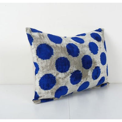 Blue Silk Ikat Velvet Pillow Cover, Handloom Polka Dot Ikat Lumbar Cushion Cover, Decorative Pillowcase 16'' x 24''