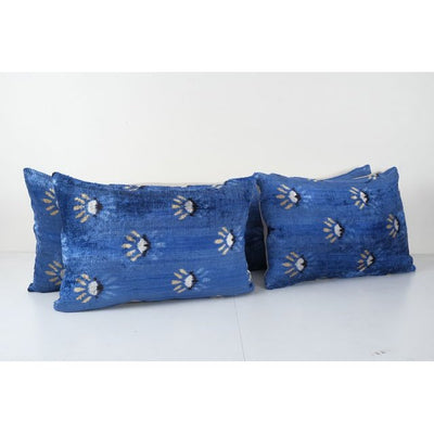 Christmas Gift Blue Lumbar Pillow Cover, Set of Three Lamb Handmade Design Silk Ikat Bedding Velvet Pillowcase, Pair Bohemian Cushion Cover