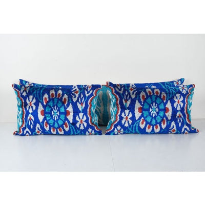 Blue Ikat Velvet Pillow, Silk Uzbek Long Lumbar Cushion Cover, Set of Three Boho Couch Pillow