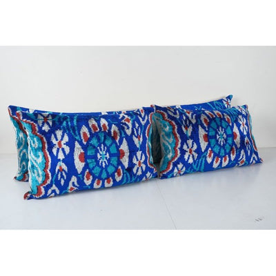 Blue Ikat Velvet Pillow, Silk Uzbek Long Lumbar Cushion Cover, Set of Three Boho Couch Pillow
