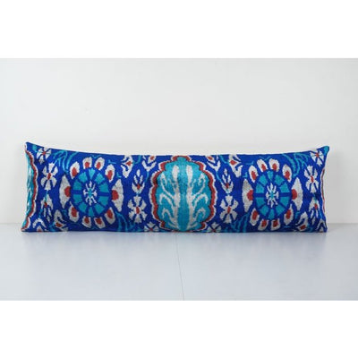 Blue Ikat Velvet Pillow, Silk Velvet Bedding Lumbar Pillow, Extra Long Boho Chic Cushion 16'' x 48''