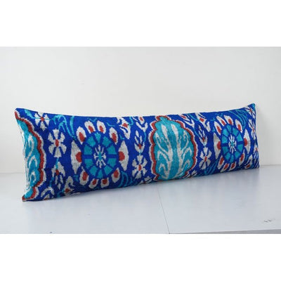 Blue Ikat Velvet Pillow, Silk Velvet Bedding Lumbar Pillow, Extra Long Boho Chic Cushion 16'' x 48''