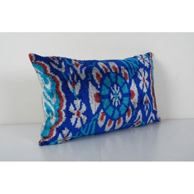 Ikat Velvet Pillow - Blue Silk Lumbar Cushion Cover - Boho Home Decor 16'' x 24''