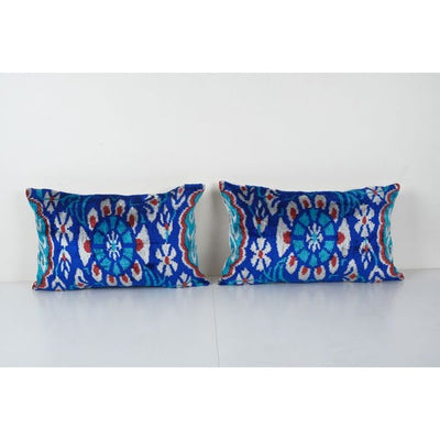 Handmade Ikat Blue Velvet Pillow - Set Silk Ikat Decorative Pillow Cover - Pair Soft Couch Cushion 16'' x 24''