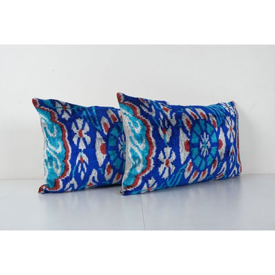 Handmade Ikat Blue Velvet Pillow - Set Silk Ikat Decorative Pillow Cover - Pair Soft Couch Cushion 16'' x 24''