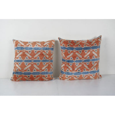 Square Apricot Ikat Velvet Pillow Cover - Set Silk Ikat Velvet Pillowcase - Pair Uzbek Cushion 24'' x 24''