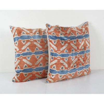 Square Apricot Ikat Velvet Pillow Cover - Set Silk Ikat Velvet Pillowcase - Pair Uzbek Cushion 24'' x 24''