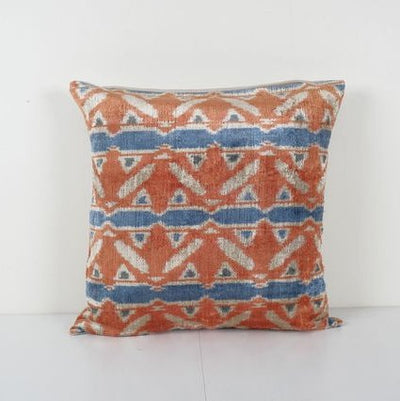 Square Velvet Ikat Cushion Cover, Apricot Blue Silk Ikat Velvet Pillow Case, Designer Pillow 24'' x 24''