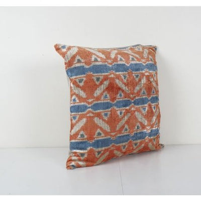 Square Velvet Ikat Cushion Cover, Apricot Blue Silk Ikat Velvet Pillow Case, Designer Pillow 24'' x 24''