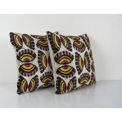 Velvet Ikat Cushion - Square Matching Beige Silk Ikat Velvet Pillow Cover - Uzbek Home Decor 21'' x 22''