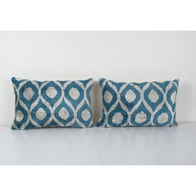 Sky Blue Ikat Velvet Pillow, Set of Two Silk Lumbar Cushion Cover, Pair Boho Pillow, Uzbek Velvet Cushion Cover 16'' x 24''