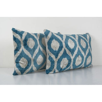 Sky Blue Ikat Velvet Pillow, Set of Two Silk Lumbar Cushion Cover, Pair Boho Pillow, Uzbek Velvet Cushion Cover 16'' x 24''