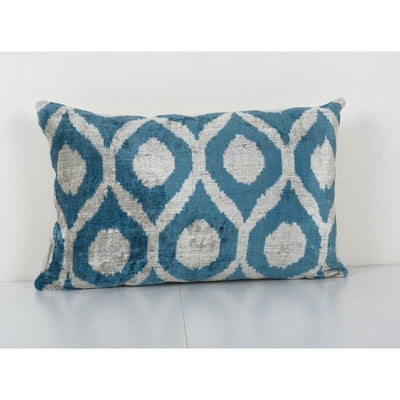 Ikat Lumbar Pillow, Sky Blue Silk Velvet Pillow Cover, Polka Dot Ikat Cushion Cover 16'' x 24''