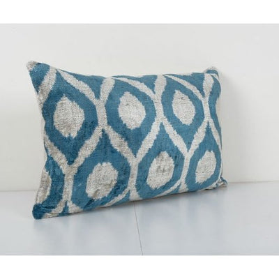 Ikat Lumbar Pillow, Sky Blue Silk Velvet Pillow Cover, Polka Dot Ikat Cushion Cover 16'' x 24''