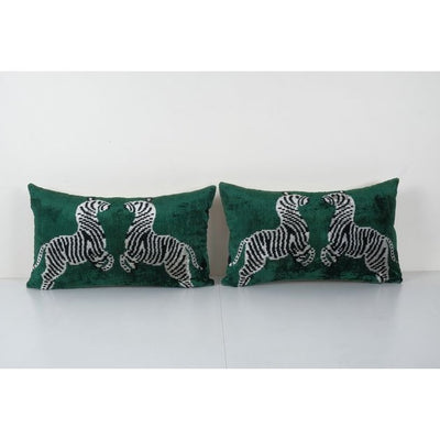 Pair Zebra Ikat Velvet Pillow Cushion, Set Animal Silk Lumbar Cushion Cover, Boho Pillow 16'' x 24''
