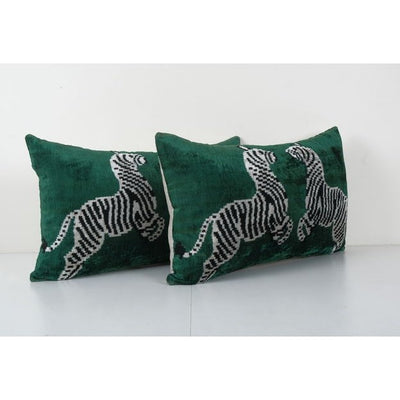 Pair Zebra Ikat Velvet Pillow Cushion, Set Animal Silk Lumbar Cushion Cover, Boho Pillow 16'' x 24''